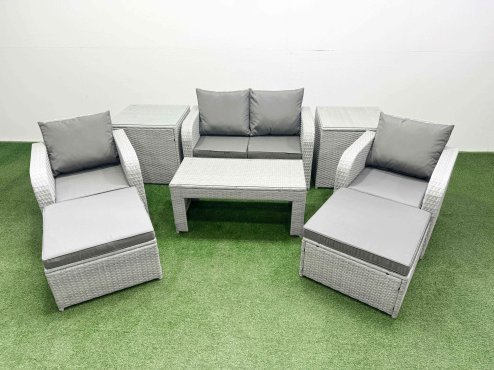 Fimous Light Grey PE Wicker Rattan Garden Furniture Set Sofa Set Reclining Adjustable Chair Oblong Coffee Table 6 Seater 2 Big Stools 2 Side Table