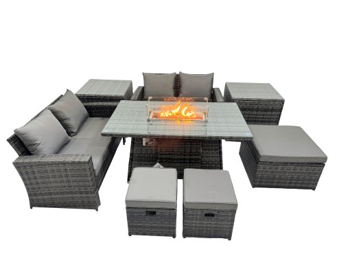 Fimous Outdoor Love Sofa Set 7 Seat Rattan Garden Furniture Set with Gas Firpit Dining Table 3 Footstools 2 Side Table Dark Grey Mixed