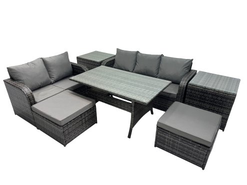 Fimous 7 Seat Outdoor Wicker PE Rattan Garden Furniture Set Dining Table Sofa Sets with 2 Big Stools 2 Side Tables Dark Grey Mixed