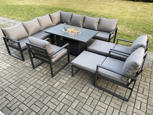 Fimous Aluminium 12 Seater Garden Furniture Outdoor Set Patio Lounge Sofa Gas Fire Pit Dining Table Set with 3 Chair 2 Big Footstools Dark Grey