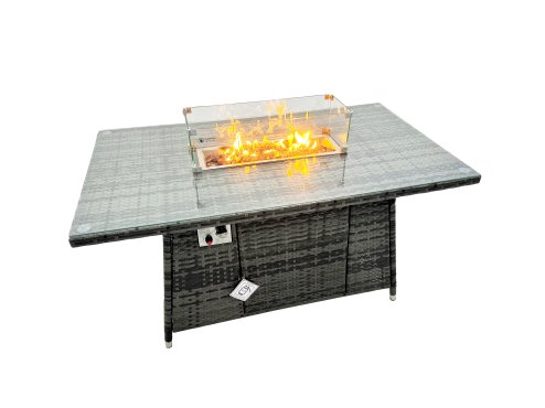 Fimous 12 Seat Poly Rattan Outdoor Patio Gas Firpit Dining Table Corner Sofa Set with 4 Stool 2 Chairs for Garden Backyard Dark Grey Mixed