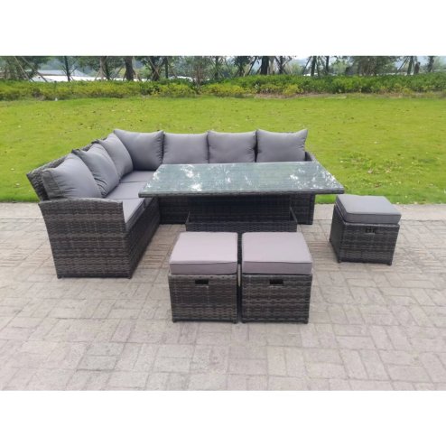 Fimous High Back Corner Rattan Garden Furniture Sofa Rising Dining Table Height Adjustable 9 Seater 3 Small Foot Stools