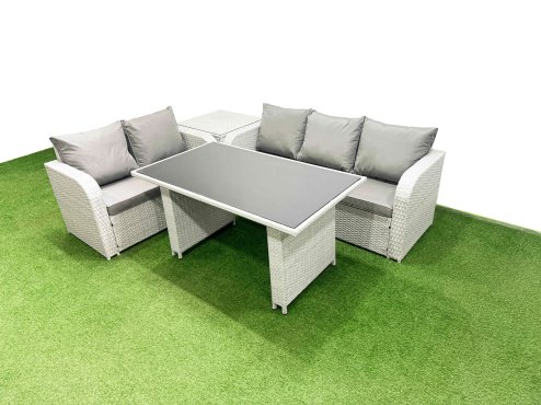 Fimous Garden Furniture Set PE Ratten Garden Sofa Set with Rectangular Dining Table Side Table Light Grey