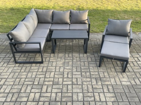 Fimous Aluminium Outdoor Garden Furniture Set Lounge Sofa Oblong Coffee Table Sets with Chair Big Footstool Indoor Conservatory Set Dark Grey