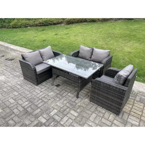 Fimous Dark Grey PE Wicker Rattan Garden Furniture Set Reclining Chair Love Sofa 2 Seater Sofa Set Outdoor Rectangular Dining Table 5 Seater