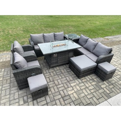 Fimous Wicker Rattan Garden Furniture Set Gas Fire Pit Dining Table Indoor Outdoor with Side Tables Chair Loveseat Sofa 3 Footstools