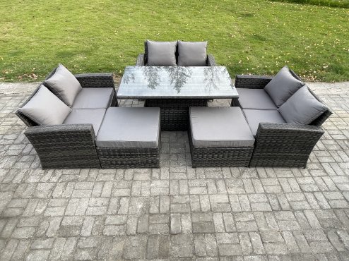 Fimous 8 Seater Wicker Rattan Garden Furniture Rising Table Set with 2 Big Footstool Double Seat Sofa Dark Grey Mixed