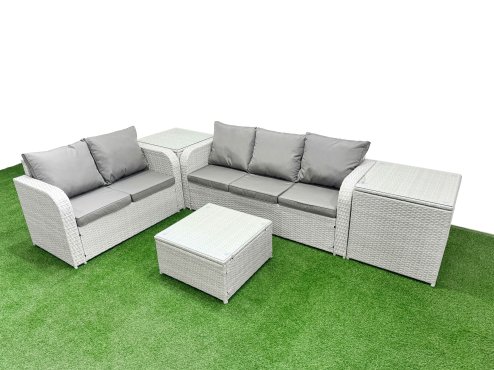 Fimous 5 Seater PE Rattan Wicker Garden Furniture Patio Conservatory Sofa Set with Square Coffee Table 3 Seater Sofa Love Sofa 2 Side Table
