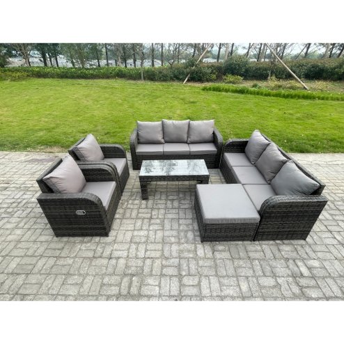 Fimous 9 Seater High Back Rattan Garden Furniture Set with Reclining Chair Rectangular Coffee Table Big Footstool Indoor Outdoor Patio Lounge Sofa Set Dark Grey Mixed