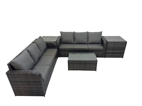 Fimous Outdoor 3 Seater Sofa Coffee Table Set Garden Rattan Furniture Set 6 Seater with 2 Side Tables Dark Grey