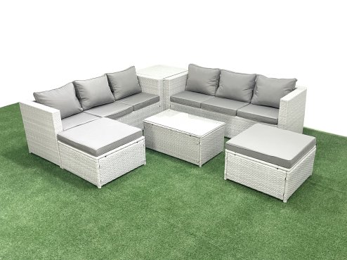 Fimous Garden Outdoor PE Rattan Furniture Set 8 Seater Rattan Garden Sofa Set with 2 Big Footstools Side Table Light Grey Mixed