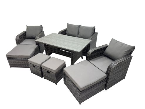 Fimous 8 Seat Outdoor Wicker PE Rattan Garden Furniture Set Dining Table Sofa Sets with 4 Stools Dark Grey Mixed