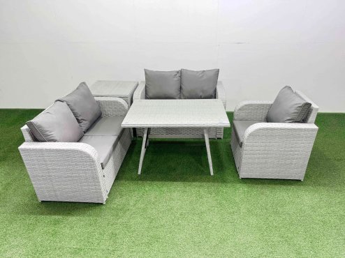 Fimous 5 Seater Outdoor Rattan Garden Furniture Set Love Sofa Reclining Chair Set with Rectangular Dining Table Side Table Light Grey