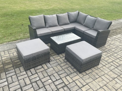 Fimous Wicker PE Outdoor Garden Furniture Set High Back Rattan Corner Sofa Set with Rectangular Coffee Table 2 Big Footstool