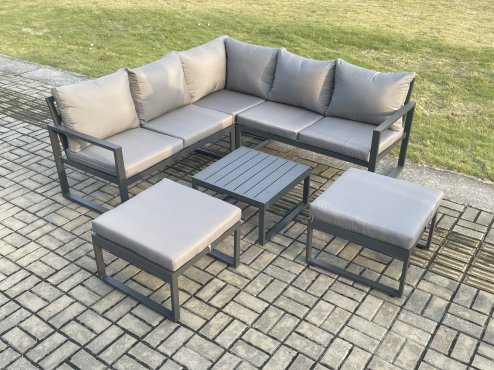 Fimous Outdoor Garden Furniture Set Aluminium Lounge Sofa Square Coffee Table Sets with 2 Big Footstool Indoor Conservatory Set Dark Grey