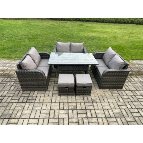 Fimous 8 Seater Outdoor Rattan Garden Furniture Set with Patio Rectangular Dining Table Love Sofa 2 Small Footstools Dark Grey Mixed