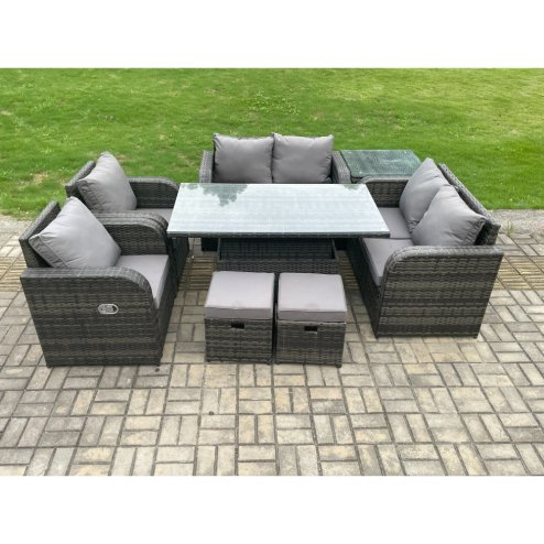 Fimous Outdoor Rattan Garden Furniture Set Patio Height Adjustable Rising lifting Dining Table Love Sofa With Side Table 2 Footstools