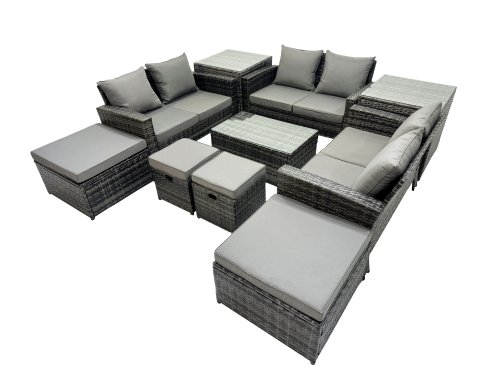 Fimous PE Rattan Garden Furniture Set Lounge Double Seat Sofa Coffee Table Set with 2 Side Tables 4 Stools Dark Grey MixedMixed