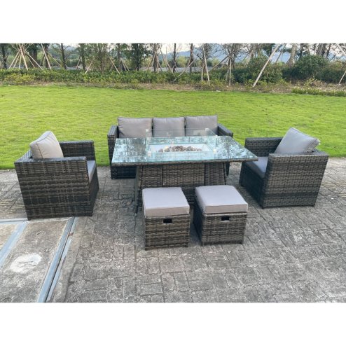 Fimous 7 Seater PE Wicker Rattan Garden Furniture Gas Fire Pit Table Gas Heater Sets Lounge Sofa Set With Chair Stools Clear Tempered Glass