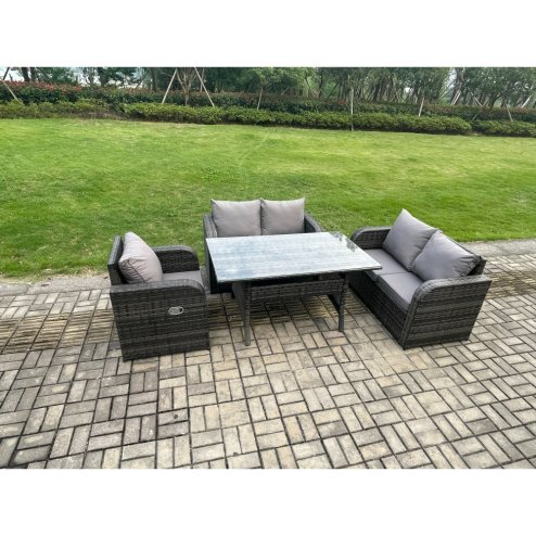 Fimous 5 Seater Lounge Rattan Sofa Set Outdoor Garden Furniture Oblong Rectangular Dining Table With Chairs Dark Grey Mixed