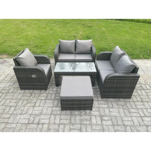 Fimous 5 PCS Garden Furniture set Rattan Outdoor Lounge Sofa Table Chair With Tempered Glass Table Dark Grey Mixed