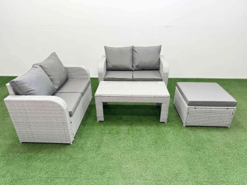 Fimous 5 Seater Outdoor Love Sofa Set Rattan Garden Furniture Set with Oblong Coffee Table Big Footstool Light Grey