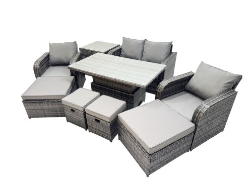 Fimous 8-seater Patio Height Adjustable Rising Lifting Table Sofa Sets Rattan Garden Furniture Dining Set with 2 Big Footstool Side Table Dark Grey Mixed