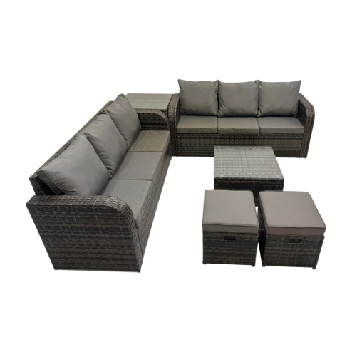 Fimous Rattan Garden Outdoor Furniture Set 3 Seater Sofa Square Coffee Table Set with Side Table Dark Grey Mixed