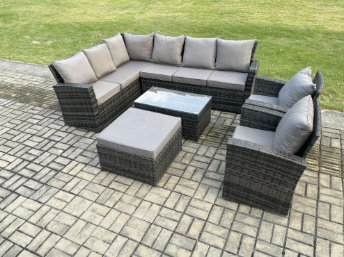 Fimous 9 Seater High Back Outdoor Garden Furniture Set Rattan Corner Sofa Set With Rectangular Coffee Table Big Footstool 2 Armchairs Dark Grey Mixed