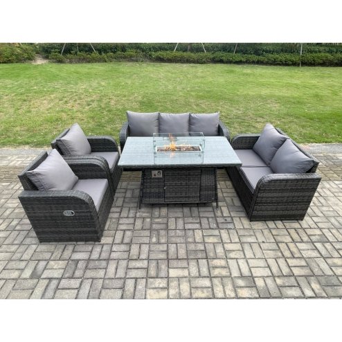 Fimous Garden Patio Furniture Wicker Rattan Gas Fire Pit Table and Sofa Chair set Dark Grey Mixed