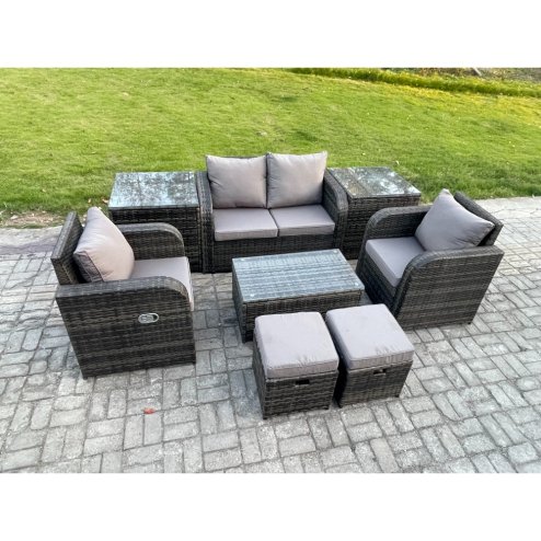 Fimous Outdoor Lounge Sofa Set 6 Seater Rattan Garden Furniture Set with Rectangular Coffee Table 2 Small Footstools 2 Side Tables Dark Grey Mixed