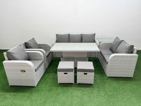 Fimous PE Rattan Garden Furniture Set Reclining Chair Sofa Double Love Seat 2 Seater Sofa Lounge Set Adjustable Lifting Dining or Coffee Table 2 Stools Side Table Light Grey