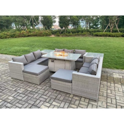 Fimous Outdoor Garden Dining Sets Rattan Furniture Gas Fire Pit Dining Table Gas Heater with 2 Side Tables 2 Big Footstools Light Grey