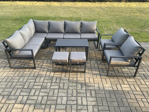 Fimous Aluminium Garden Furniture Set Outdoor Indoor Lounge Corner Sofa 2 Pcs Chair Oblong Coffee Table Sets with 2 Small Footstools Dark Grey