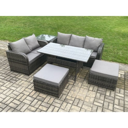 Fimous Patio Rattan Garden Furniture Set with Oblong Rectangular Dining Table 2 Big Footstool Side Table 7 Seater Outdoor Lounge Sofa Set Dark Grey Mixed
