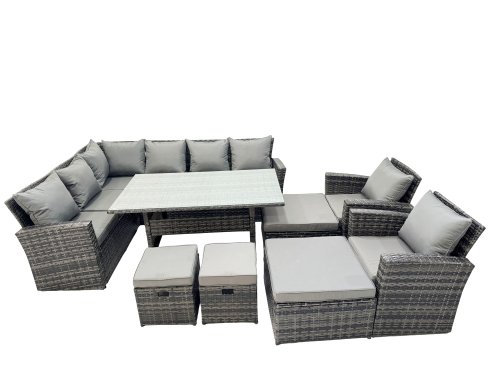 Fimous 12 Seat Rattan High Back Corner Sofa Set Patio Dining Table Set with 4 Stools 2 Chair Dark Grey Mixed