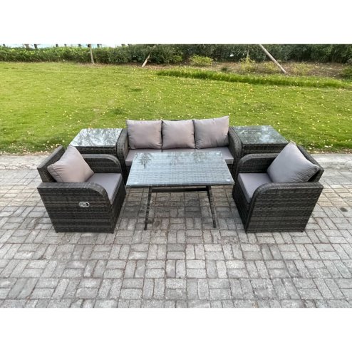 Fimous Rattan Wicker Garden Furniture Patio Conservatory Sofa Set with Rectangular Dining Table Reclining Chair 3 Seater Sofa 2 Side Tables