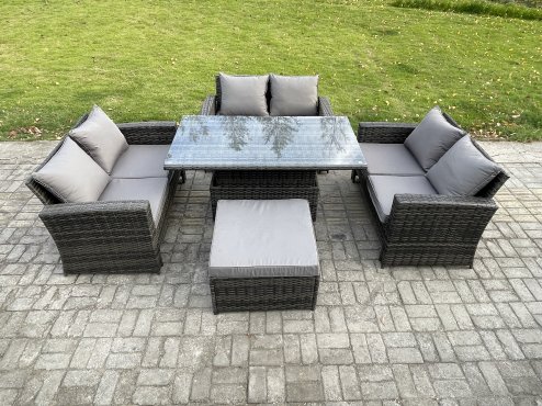 Fimous 7 Seater Rattan Wicker Garden Furniture Patio Conservatory Sofa Set with Height Adjustable Rising Lifting Table Double Seat Sofa Big Footstool