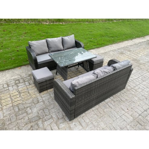 Fimous Outdoor Rattan Garden Furniture Sofa Set Dining Table Curved Arm Lounge Sofa Small Footstools 8 Seater
