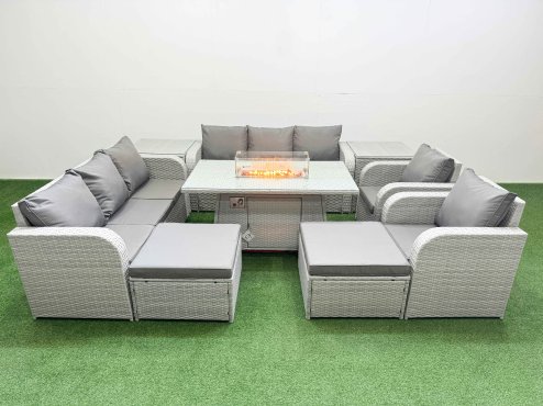 Fimous PE Rattan High Back Lounge Sofa Set Patio Firepit Dining Table & Chairs Set with 3 Seater Sofa Reclining Chair 2 Big Footstool 2 Side Table Light Grey