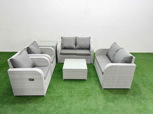 Fimous 6 Seater Outdoor Reclining Chair Love Sofa Set Rattan Garden Furniture Set with Square Coffee Table Side Table Light Grey