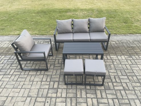 Fimous Aluminium Outdoor Garden Furniture Set Patio Lounge Sofa with Oblong Coffee Table 2 Small Footstools Armchair Dark Grey