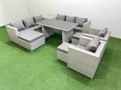 Fimous 11 Seater Wicker PE Rattan Furniture Outdoor Dining Table 3 Seater Sofa Armchair Set with Side Table 3 Stools Light Grey