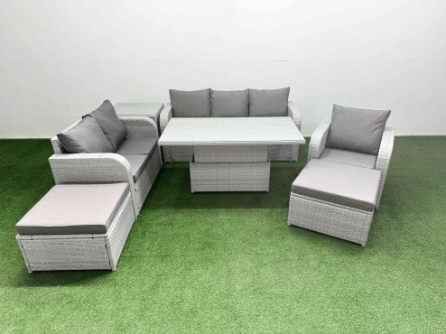 Fimous Patio PE Wicker 8 Seater Outdoor Rattan Furniture Sofa Sets with Adjustable Lifting Dining or Coffee Table Reclining Chair Loveseat Sofa 3 Seater Sofa 2 Big Footstools Side Table Light Grey