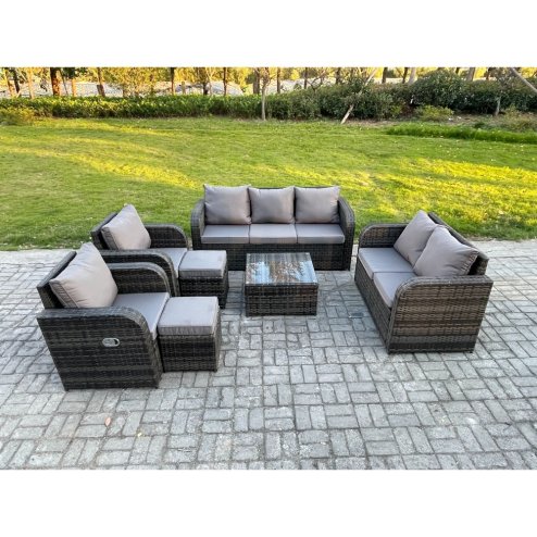 Fimous 9 Seater Garden Furniture Set Rattan Outdoor Lounge Sofa Chair With Tempered Glass Table 2 Small Footstools Dark Grey Mixed