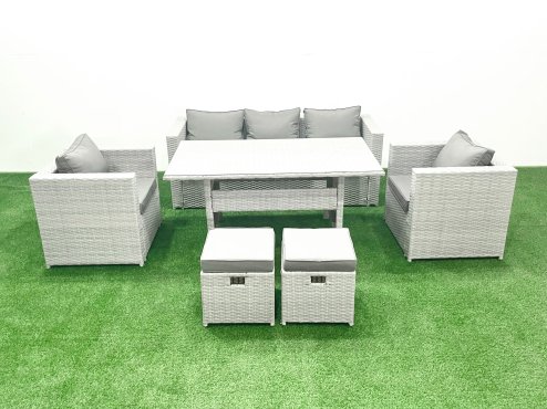 Fimous Garden Dining Set Outdoor Rattan Furniture Set with Sofa Dining Table 2 Chairs 2 Small Footstools Light Grey Mixed