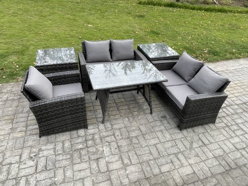 Fimous Wicker PE Rattan Garden Dining Set Outdoor Furniture Sofa with Rectangular Dining Table Love Seat Sofa 2 Side Tables Dark Grey Mixed