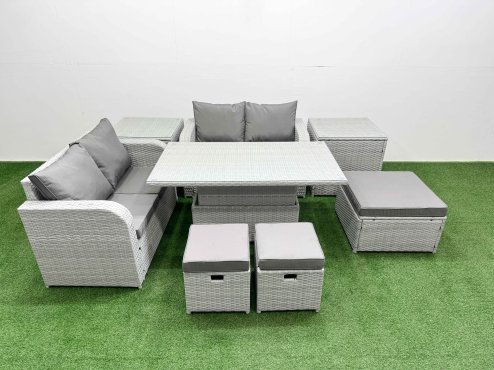 Fimous 7 Seater Outdoor Love Sofa Set Rattan Garden Furniture Set with Adjustable Lifting Dining or Coffee Table 3 Footstool 2 Side Tables Light Grey