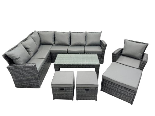 Fimous 10 Seat Poly Rattan Outdoor Patio Oblong Coffee Table Corner Sofa Set with 3 Stool Chair for Garden Backyard Dark Grey Mixed