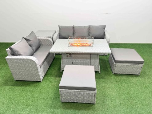 Fimous 7 Seater PE Rattan Wicker Garden Furniture Patio Conservatory Sofa Set with Firepit Dining Table 3 Seater Sofa Love Sofa 2 Big Footstool Side Table